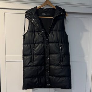 Zara Black Quilted Faux Leather Hooded Puffer Vest